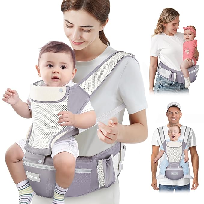 Baby Carrier Newborn to Toddler, Lightweight Ergonomic Baby Hip Seat Carrier Up to 33lbs, Adjustable Extended Waistband Infant Carrier with Breathable Sunshield, Light Grey-CubbioJoy