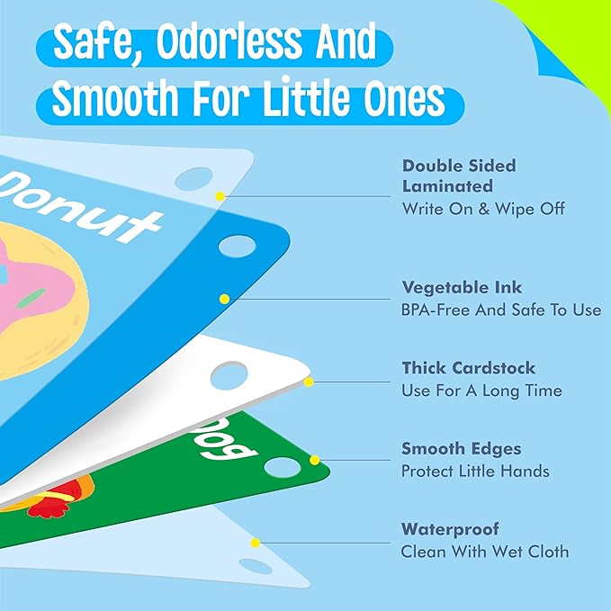 80 PCS Word Flashcards, Double Sided First Word Cards- Alphabet, Numbers, Foods, Animals, CVC Words, Colors & Shapes with 4 Reclosable Rings, Early Learning Tool for Pre-K Kindergarten Toddlers-CubbioJoy