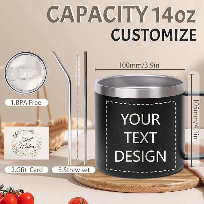 Custom Insulated Coffee Tumbler, Personalized Travel Coffee Mug with Handle and Lid, 14oz Engraved Stainless Steel Coffee Mug, Personalized Gifts for Women Men and Friends-CubbioJoy