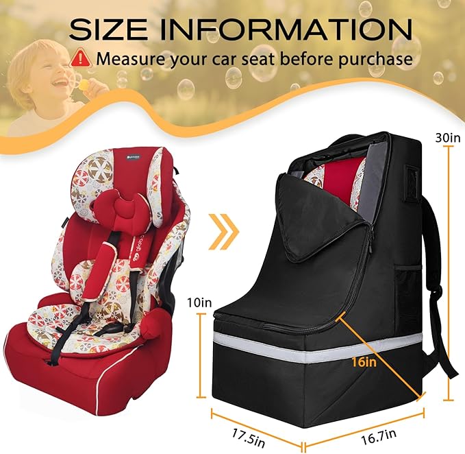 Car Seat Travel Bag for Airplane,Infant Seat Travel Bag with Shoulder Strap,Padded Car Seats Backpack with Reflective Stripes,Large Carseat Carrier Bag Travel Car Seat Cover, Black-CubbioJoy
