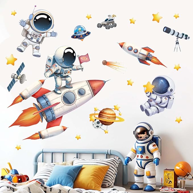 Astronaut Wall Decals - Outer Space Planets Rocket Boys Wall Stickers - Baby Nursery Kids Room Daycare Playroom Wall Decor-CubbioJoy