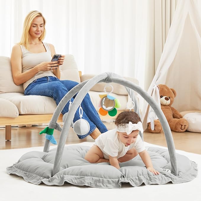 ANGELBLISS 5 in 1 Baby Play Gym Mat, Reversible Tummy Time Mat with 5 Sensory Toys for Stage-Based Developmental, Thick & Large Baby Activity Center from Newborn to Toddler (Grey)-CubbioJoy