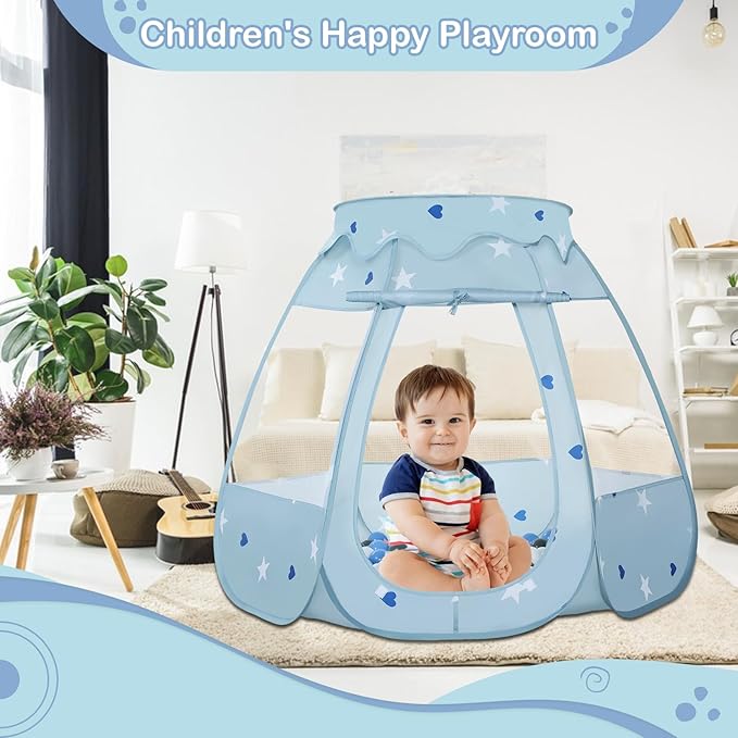 Baby Ball Pit for Toddler with 50 Balls, Kids Pop Up Play Tent for Girls, Princess Toys Gifts for Children Indoor & Outdoor Playhouse (Greyish-Blue: Gray/White/Babyblue, 109x90cm/50 Balls)-CubbioJoy
