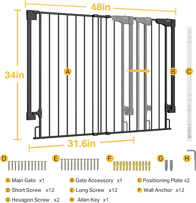 Cumbor 34" Extra Tall No Bottom Bar Baby Gate for Stairs, Auto Close Dog Gate Indoor for Larger Pets, 31.6-48" Hardware Mounted Safety Gate for Doorways, Wide Walk Thru Door for Easy Access (Black)-CubbioJoy