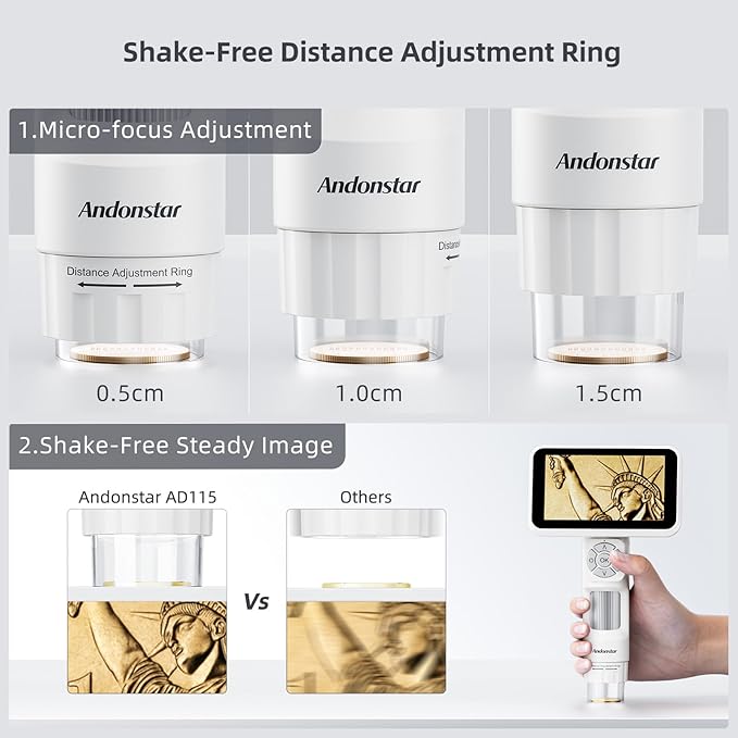 Andonstar Digital Microscope, 5" 1080P Coin Microscope Camera for Error Coin with 7.3" Metal Stand for Adults Kids, Handheld USB Coin Magnifier with 8 Adjustable LED Lights, Windows Mac PC View, AD115-CubbioJoy