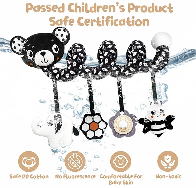 Car Seat Toys for Babies 0-6 Months,Hanging Rattle Toys for Crib Mobile, Baby Spiral Hanging Stroller Black and White High Contrast Toys for Newborn 0 3 6 9 12 Months Baby Boys Girls (Bear)-CubbioJoy