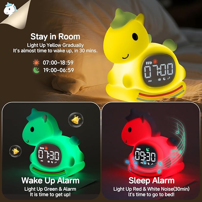 Alarm Clock for Kids with Night Light, Sleep Training Clock Time to Wake Clock, Rechargeable Silicone Light for Bedroom, Perfect Sleep Companion for Boys Girls, Blue Pony-CubbioJoy