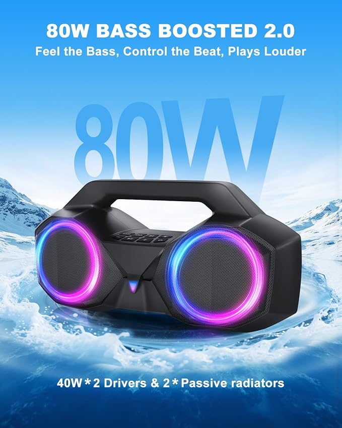 Bluetooth Speaker 80W(Peak)Loud with Bass, 20H Playtime, IPX7 Waterproof, RGB Lights, TWS, Large Portable Wireless Speakers for Outdoor, Home, Party, Pool, Beach, Tailgating, Gym, Work, Gifts (Black)-CubbioJoy