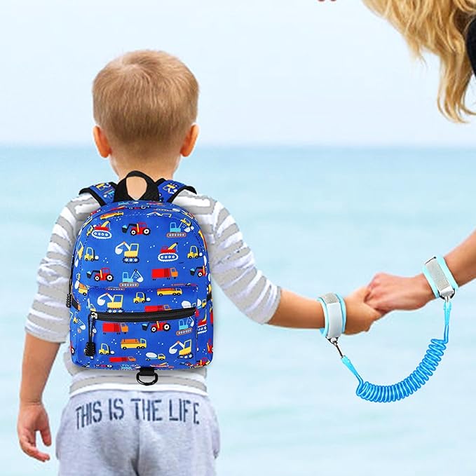 Accmor Toddler Backpack Leash with Anti Lost Wrist Link, Cute Mini Child Walking Harnesses Keep Kids Close Back Pack Rope Tether Rein for Baby Boys (Blue/Excavator)-CubbioJoy
