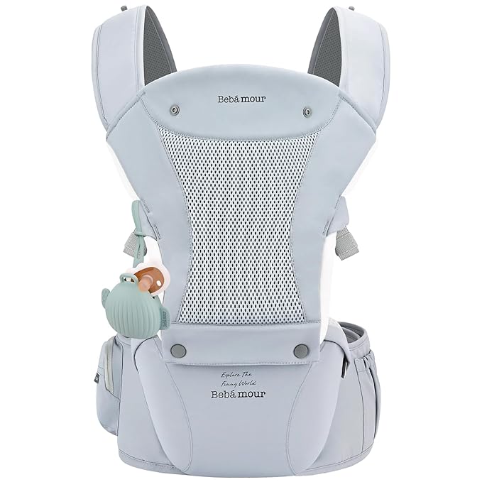 Bebamour Baby Carrier with Hip Seat,All-Position Breathable Mesh Hip Seat & Carrier 0-36Months with Head Hood, 3 PCS Teething Pads, Waist Extender,Storage Bag & Pacifier Case (Blue)-CubbioJoy