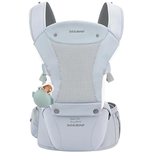 Bebamour Baby Carrier with Hip Seat,All-Position Breathable Mesh Hip Seat & Carrier 0-36Months with Head Hood, 3 PCS Teething Pads, Waist Extender,Storage Bag & Pacifier Case (Blue)-CubbioJoy