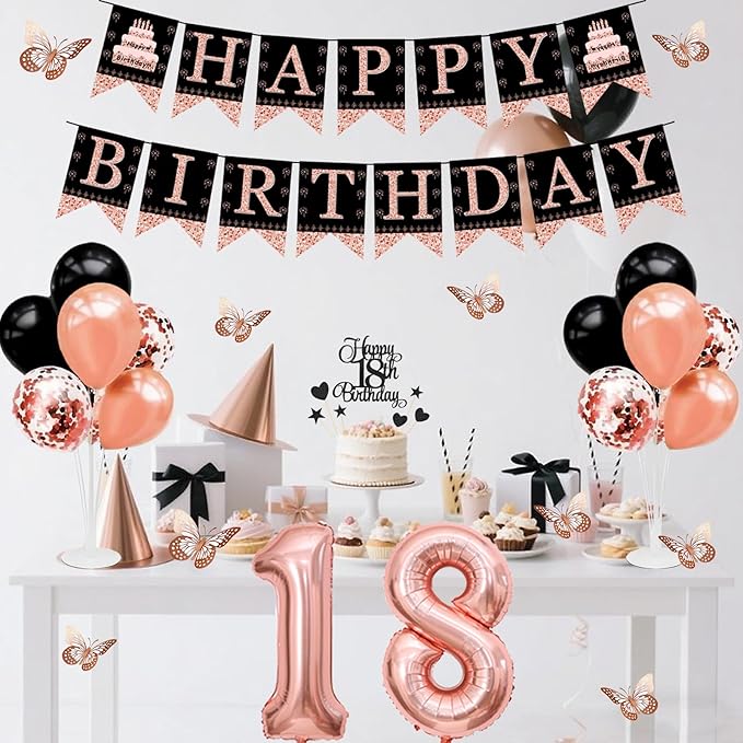 18th Birthday Decorations for Girls Women - 56pcs Rose Gold Happy 18th Banner, 18th Birthday Crown Sash, Cake Topper, Number 40 balloons, 3D Butterflies, 4 Balloon Stands kits-CubbioJoy