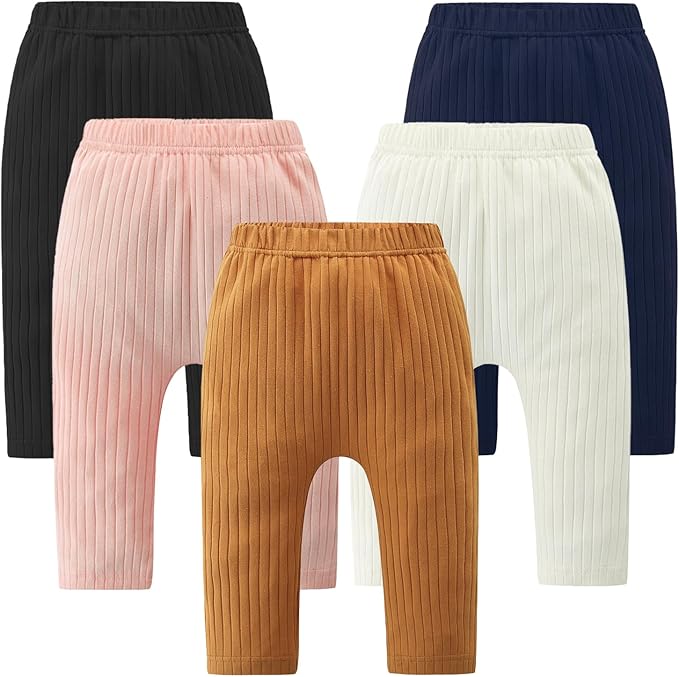 Baby and Toddler Girl's 5 Pack Cotton Ribbed Pull On Pants Leggings 0-4 Years-CubbioJoy