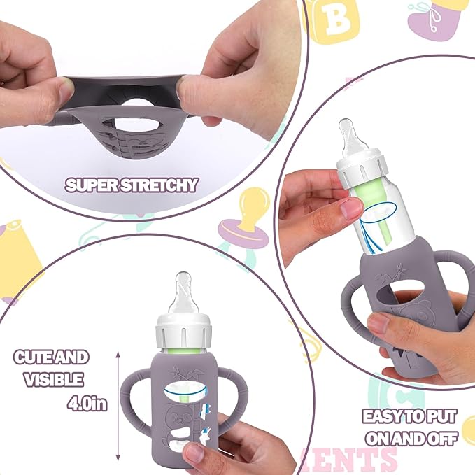 BUSOHA 3 Pack Silicone Sleeves for Dr. Brown's Glass Baby Bottles - Drop Protection Baby Bottle Sleeves,Compatible with Dr. Brown's Newborn Glass Bottles,with Silicone Handles,4 oz-CubbioJoy