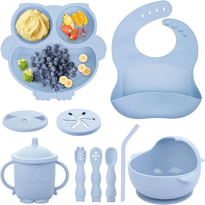 Baby Weaning Set, Silicone Baby Feeding Set(10 Pcs), Toddler Weaning Set with Adjustable Bib, Suction Bowl, Plate, Fork, Spoon, Water & Snack Cup Kit, Baby Led Weaning Kit for Babies and Kids-CubbioJoy