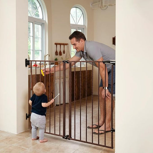 Babelio 34" Extra Tall Baby/Dog Gate with No Threshold Design Walk Thru Door, 26-43" Auto Close Safety Gate for Babies, Elders and Pets, Fits Doorways, Stairs, and Entryways, Black Wood Pattern-CubbioJoy