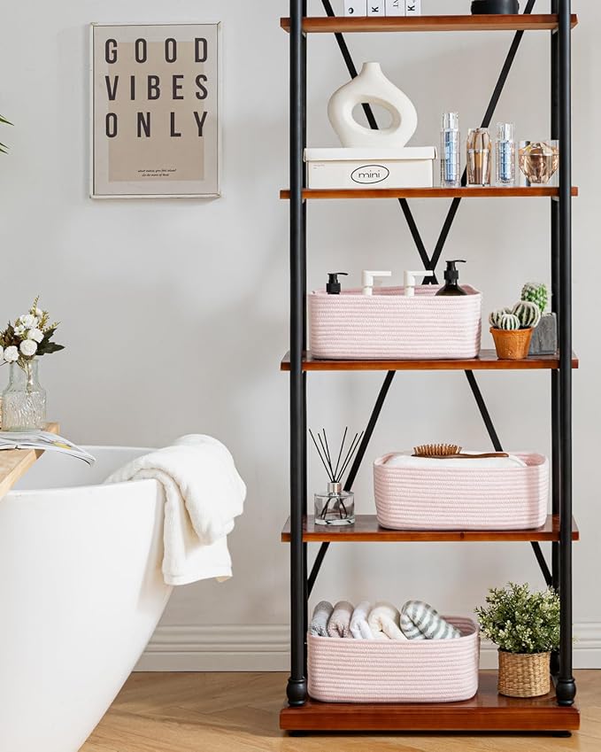 KALLAX Small Woven Basket, 13.5 x 9.5 x 5 Inches, Storage Basket for Organizing, Cute Small Rope Shelf Closet Cube Storage Bins Baskets for Shelves, Dog Toy Gift Baskets Empty, 3 Pack Light Pink-CubbioJoy