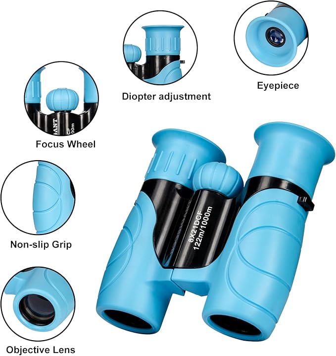 Binoculars for Kids 8x21, Gift for 3-12 Years Boys & Girls, Compact Kids Binoculars High-Resolution Shockproof Mini Binoculars for Bird Watching, Hiking, Camping, Travel Blue 302-CubbioJoy