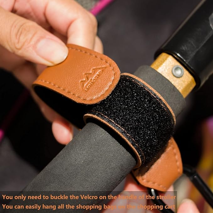 Baby Stroller Hooks Bag Hooks for Hanging Diaper Bags Multipurpose Hooks for Grocery Shopping Bags Premium Vegan Leather Pram Straps 2 Pcs (Brown)-CubbioJoy