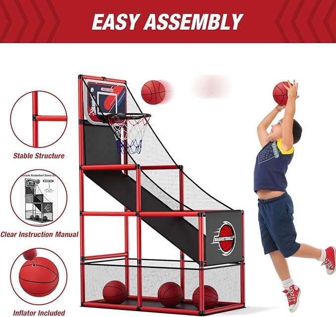 Basketball Arcade Game Indoor Outdoor, Kids Basketball Hoop with 4 Balls & Pump, Single Shot Basketball Game at Home, Carnival Games Sport Toys Gifts for Boys Girls Teens-CubbioJoy