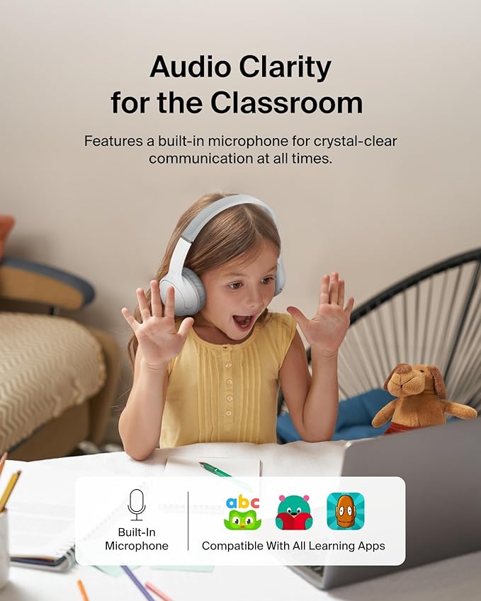 Belkin SoundForm Mini Kids Wireless Headphones w/Built-in Microphone, 30H of Playback Time, Fun Stickers, & Case - Over-Ear Headsets for Online Learning, School, iPhone, iPad, Galaxy, & More - White-CubbioJoy