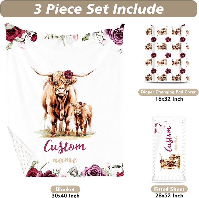 Custom Name Crib Bedding Set - Highland Cow Theme, Personalized Rose Floral Nursery Bedding 3-Piece Set– Soft Blanket, Fitted Sheet, Changing Pad Cover – for Newborns Girls Nursery Gifts-CubbioJoy