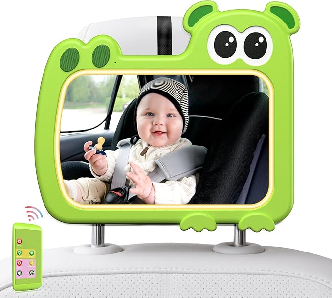 2-in-1 Baby Car Mirror with Lights & Soft Sounds, Cry Detector, Clear Night View, 360° Rotation, Shatterproof, Rear Facing Baby Car Seat Mirror with Remote Control, Perfect Baby Shower Gifts (Green)-CubbioJoy