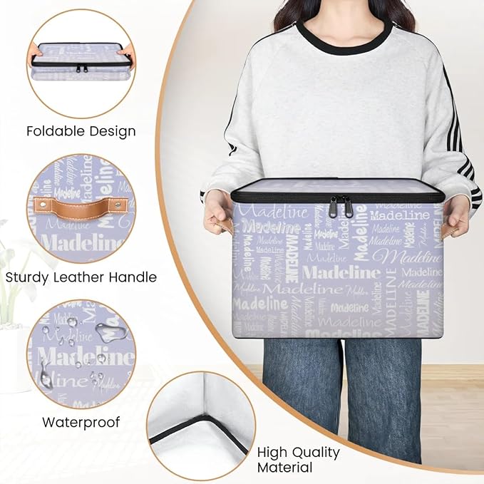 Custom Storage Basket with Name, Personalized Storage Bins with Zipper Lid, Foldable Fabric Storage Box Large capacity with Handle Purple White-CubbioJoy