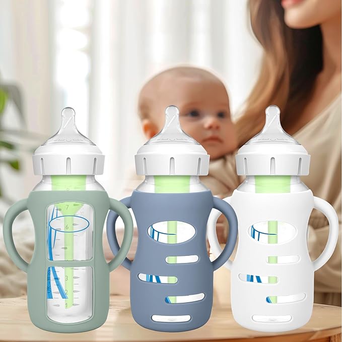 BUSOHA 3 Pack Silicone Sleeves for Dr Brown's Glass Baby Bottles - Drop Protection Baby Bottle Sleeves,Compatible with Dr. Brown's Newborn Glass Bottles,with Silicone Handles,9 oz-CubbioJoy