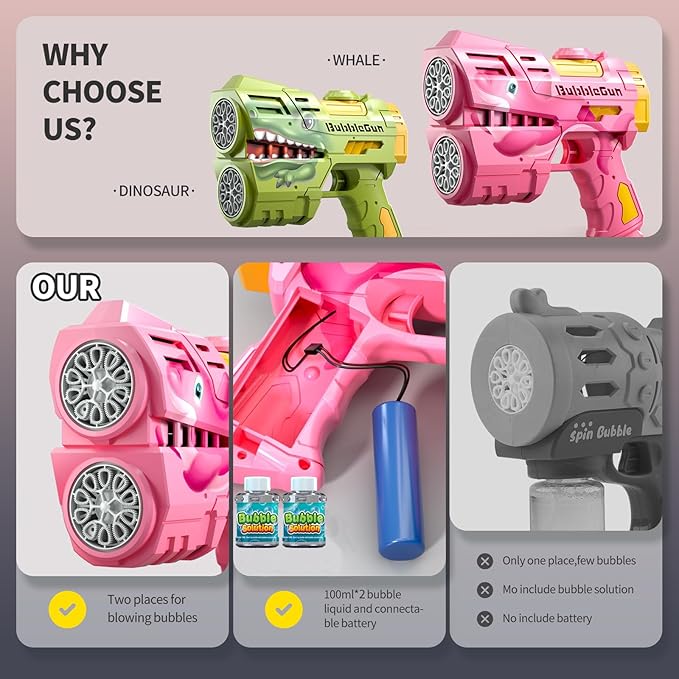 Jasny 2 Pack Rechargeable Dino Bubble Guns for Kids, LED Light Up Bubbles Machine Blower with 2 Bottles Refill Solution for Toddlers, Summer Wedding Toys Gift-CubbioJoy