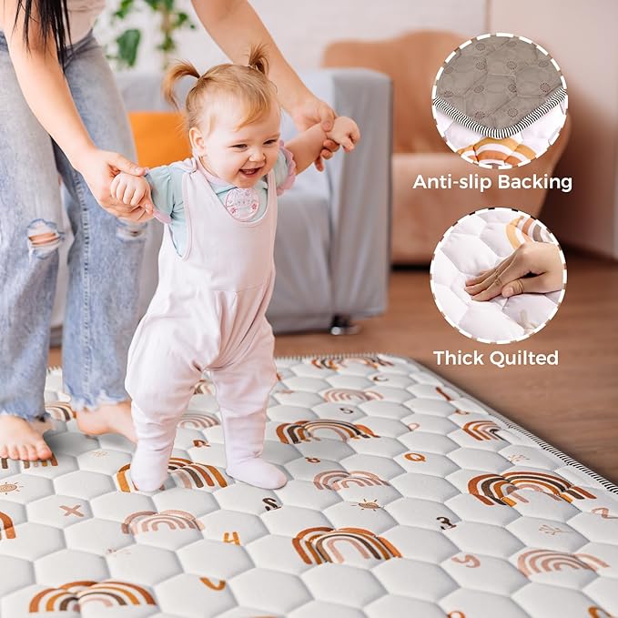 Boho Rainbow Baby Play Mat 50" X 50" Playpen Mat Thicken One-Piece Baby Crawling Mat Non-Slip Cushioned Baby Floor Mat Activity Playmats for Infants, Babies, Toddlers (50X50, Letters+Number)-CubbioJoy