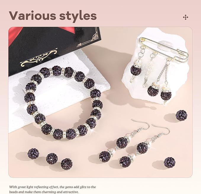 200pcs 10mm Rhinestone Beads for Jewelry Making, Dark Purple Shiny Round Disco Ball Beads Bulk, Sparkle Crystal Clay Christmas for Bracelet Baseball Necklace Earring Crafting and DIY-CubbioJoy
