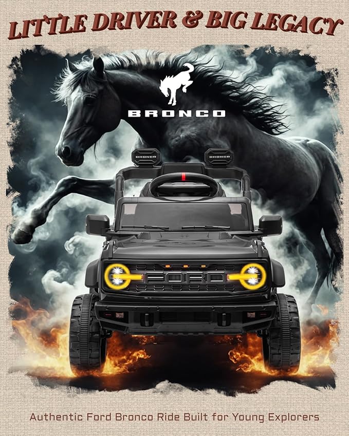 12V Ride on Toys for Kids, Licensed Ford Bronco Raptor Children Electric Vehicles, Toddler Battery Powered Car with Double Doors, 3 Point Safety Belt, Led Lights (12V, Black)-CubbioJoy