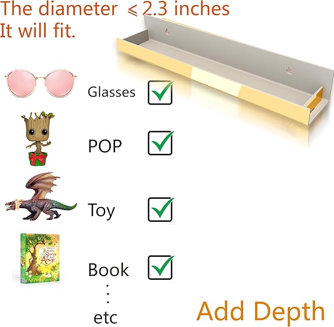 4 Pack 15 Inch Gold Reflective Acrylic Shelves, Gold Foating Shelves, Modern Sunglasses Essential Oil Picture Ledge Display Toy Storage Shelf-CubbioJoy