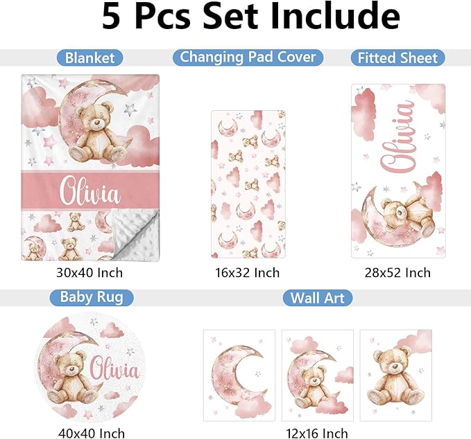 Custom Baby Crib Set, 5 Pcs Personalized Name Pink Bear Theme for Infants Toddlers, Nursery Bedding for Girls, Double Layer Customized Gifts-CubbioJoy
