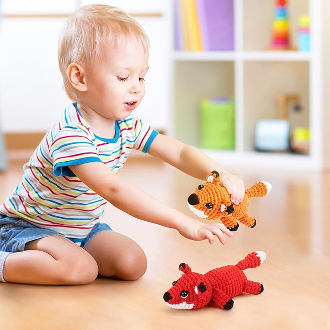 Crochet Kit for Beginners - 2 PCS Fox Crochet Kits with Step-by-Step Video Tutorials, Beginner Crochet Kit for Adults, Crochet Animal Kit for Kids, Crochet Fox Set (Orange & Red)-CubbioJoy