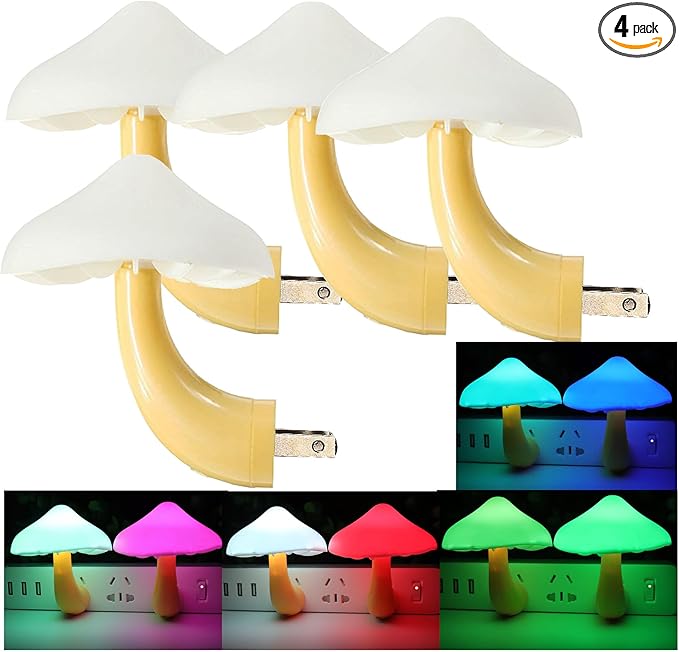 AUSAYE 4 Pack Plug in Night Light Sensor Light, Color Changing Mushroom Light LED Nightlights for Kids, Adults, Bedroom, Bathroom,Hallway, Stairs, Kitchen-CubbioJoy