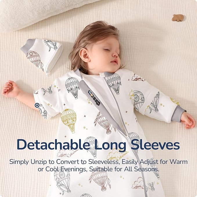 Baby Sleep Sack 3-6 Months, Cotton Detachable Long Sleeve Sleep Sack, 1.0 Tog Toddler Sleeping Sack with Temperature Strips, 2-Way Zipper Wearable Blankets for Newborns, Hot Air Balloon-CubbioJoy