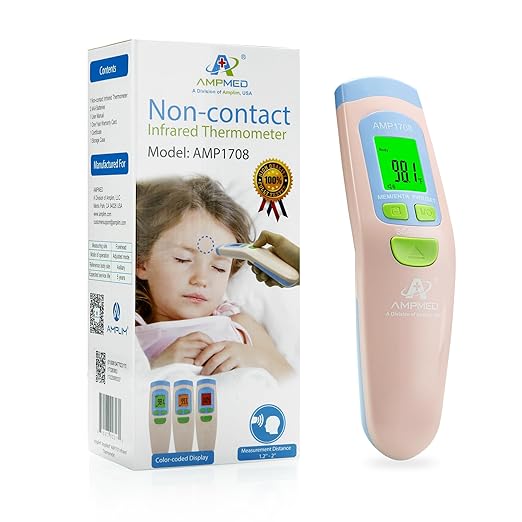 Amplim Non-Contact Forehead Thermometer for Adults, Kids & Infants | Ampmed No-Touch Medical Grade Temporal Fever Thermometer with Case, Nurse Accessories for Work, FDA-Cleared Pink Termometro Digital-CubbioJoy