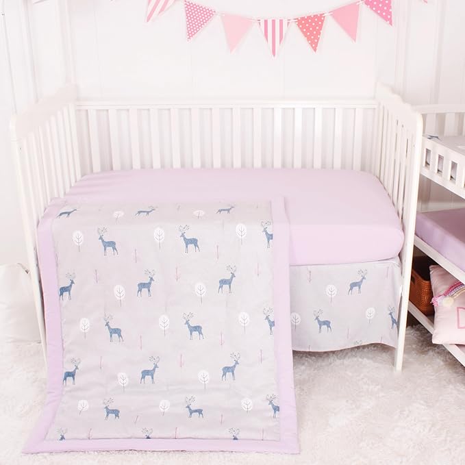 CaSaJa Baby 3-Piece Crib Bedding Set for Boys Girls, Including Soft Quilted Comforter(Blanket), Fitted Crib Sheet and Skirt, Soft Nursery Bedding Set Made of Silky Comfy Materials, Reindeer Forest-CubbioJoy