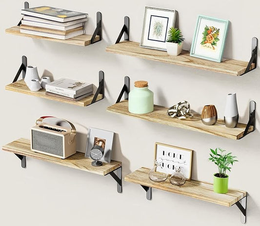 AMADA HOMEFURNISHING Long Wall Shelves, Rustic Farmhouse Style, Wood Floating Shelves for Wall Decor, Bathroom & Bedroom Storage, Living Room Book Shelves, 6pcs-CubbioJoy