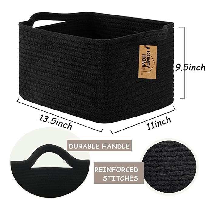 COMFY-HOMI Storage Basket for Shelves, Woven Baskets for Storage, Cotton Rope Basket,Toy Storage Organizer, Storage Cube Bin, Organization and Storage, Towel Baskets for Gift Empty, All Black-CubbioJoy