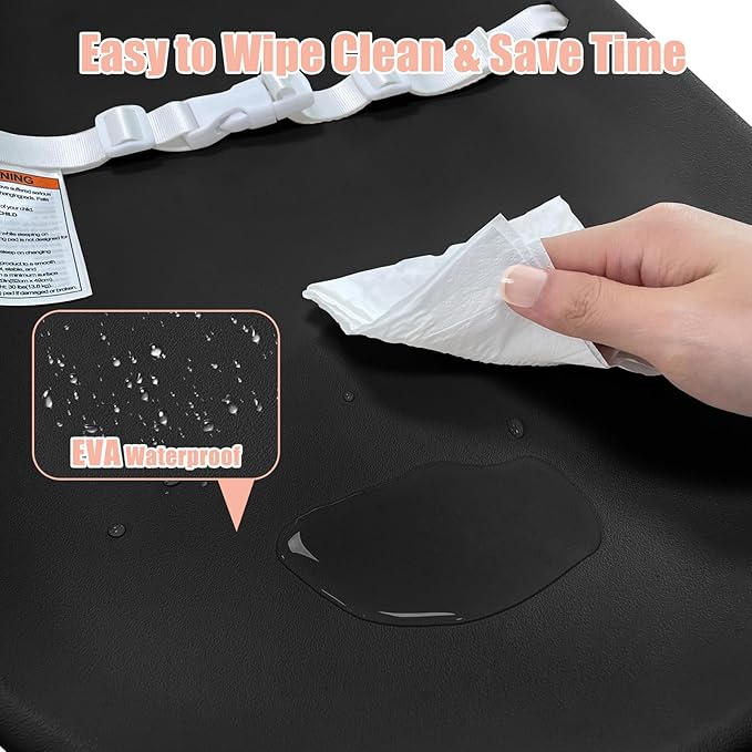 Changing Pad, Wipeable Diaper Changing Pad with Safety Belt for Changing Table, Nursery, Dresser, EVA Non-Slip Baby Changing Table Pad, Black-CubbioJoy