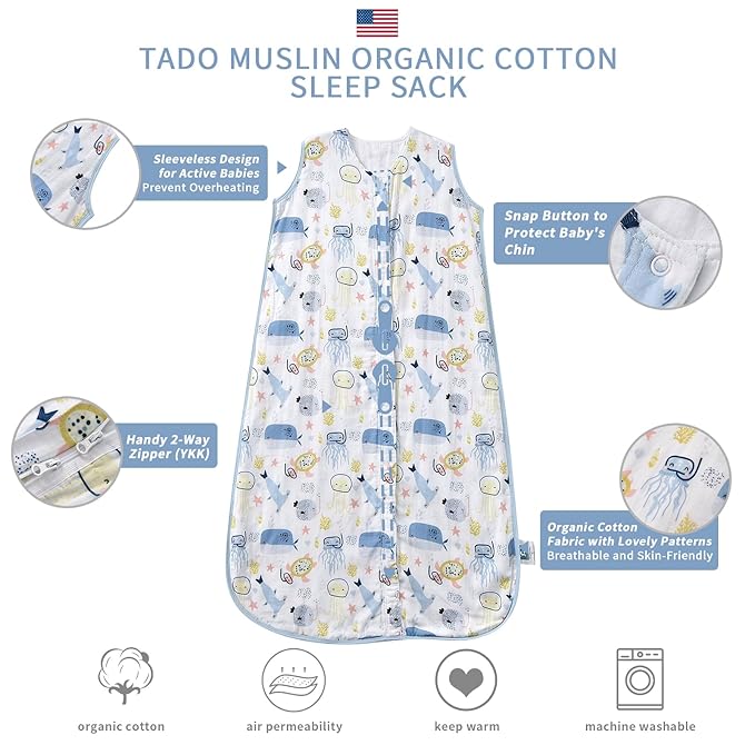 Baby Sleep Sack 1-2 T Baby Wearable Blanket 100% Organic Cotton 0.5 TOG Muslin Toddler Sleeping Sacks 2- Way Zipper Warm 12-24 Months-CubbioJoy