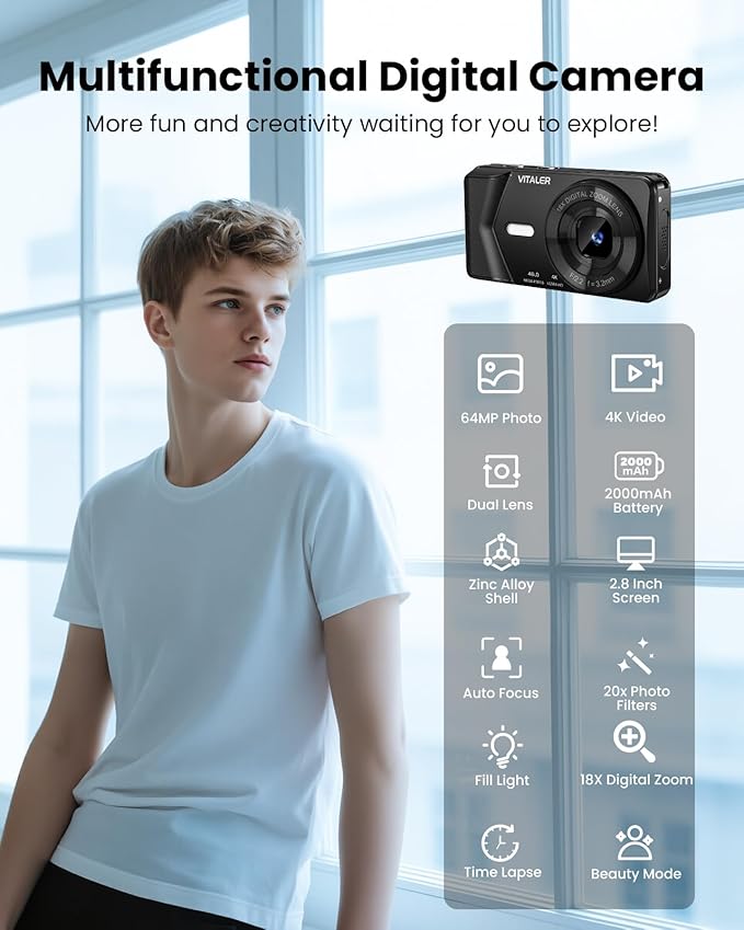 Digital Camera, Autofocus 48MP 4K Camera for Photography with 32GB Card, Portable Compact Point and Shoot Digital Camera for Teens Adult Beginner Kids with Metal Shell, 2000 mAh Battery-CubbioJoy