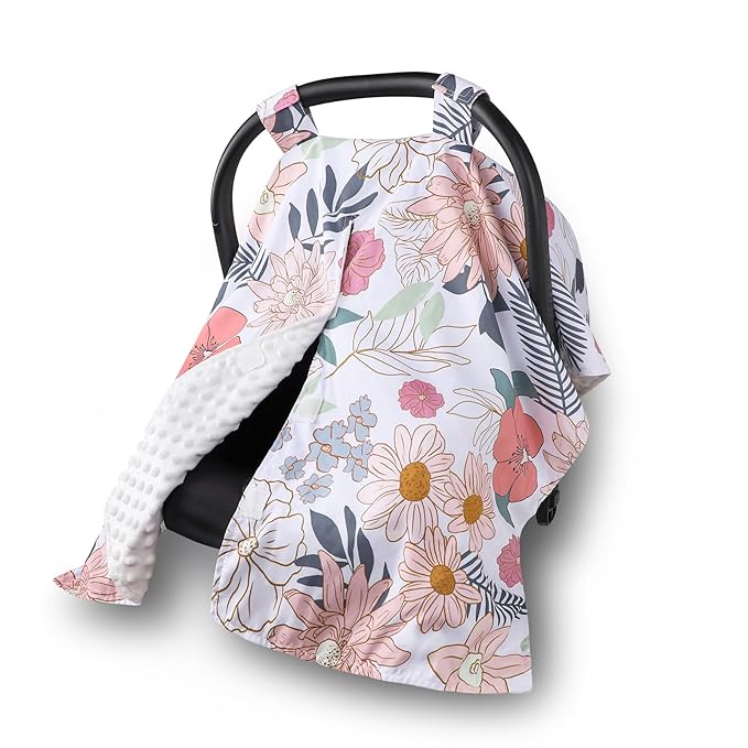 Car Seat Cover Baby, Infant Car Seat Canopy Covers for Newborn Girls Boys, Soft Breathable Minky Carseat Covers Stretchy Multi-Use Nursing Cover for Stroller Baby Car Seat, Daisy Flroal-CubbioJoy