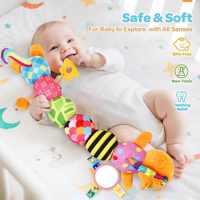 Baby Toys 0-6 6-12 Months, Sensory Musical Animal Stuffed Toy for Infant 0-3 3-6 Months, Tummy Time Toys with Mirror Crinkle Rattle, Plush Unicorn Cat Toy Gifts for 0 1 2 3 4 5 6+ Months Boys Girls
