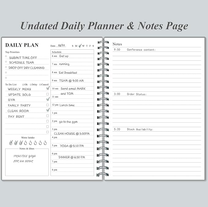 Daily Planner Undated - A5 To Do List Notebook Hourly Schedules, Spiral Appointment Planner for Women and Men, PVC Hardcover, Inner Pocket, Elastic Closure, 5.8" x 8.3", Grey-CubbioJoy