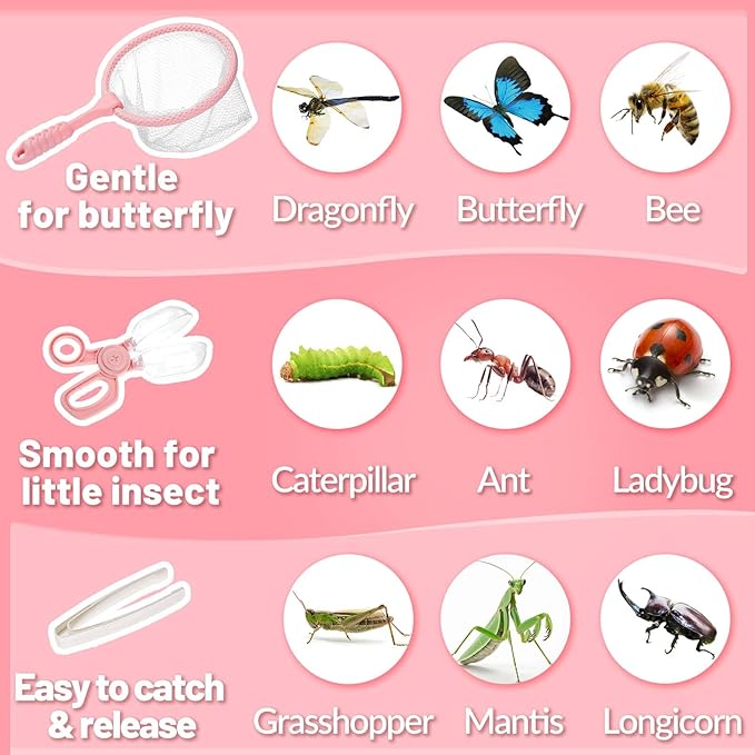 2 Set Bug Catcher for Kids- Educational Bug Catching Kit Including Butterfly Net, Insect Clip, Tweezer, Outdoor Toys for Kids Ages 3-10 (Pink)-CubbioJoy