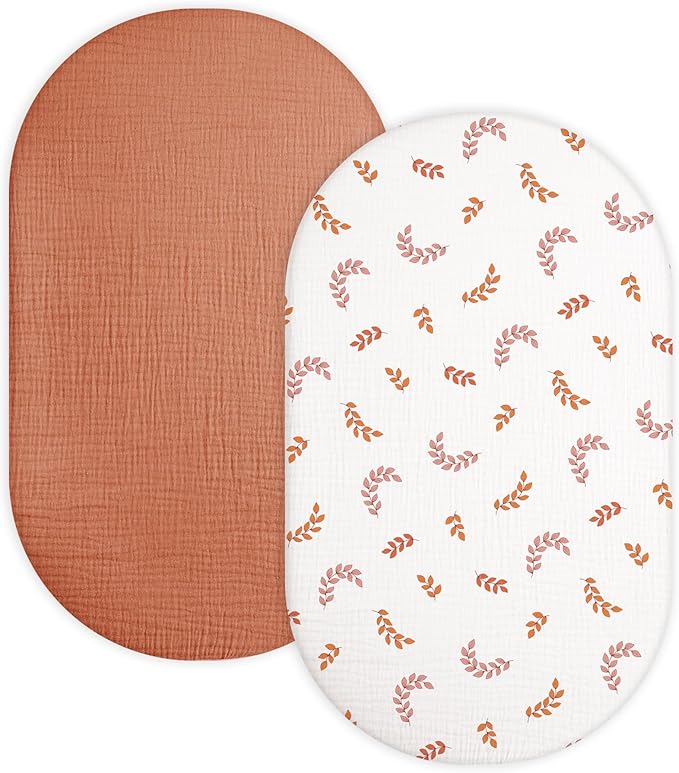 Bassinet Sheet for Baby Boy and Girl 2 Pack, Fitted Sheets for Rectangle, Oval, Hourglass Bassinet Mattress, Muslin Moses Basket Sheets with Neutral Style (Brick & Leaf)-CubbioJoy